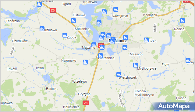 mapa Wierzbnica gmina Myślibórz, Wierzbnica gmina Myślibórz na mapie Targeo