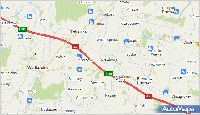 mapa Wierzbowa gmina Wartkowice, Wierzbowa gmina Wartkowice na mapie Targeo