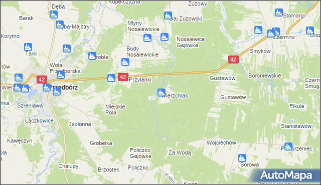 mapa Wierzchlas gmina Przedbórz, Wierzchlas gmina Przedbórz na mapie Targeo