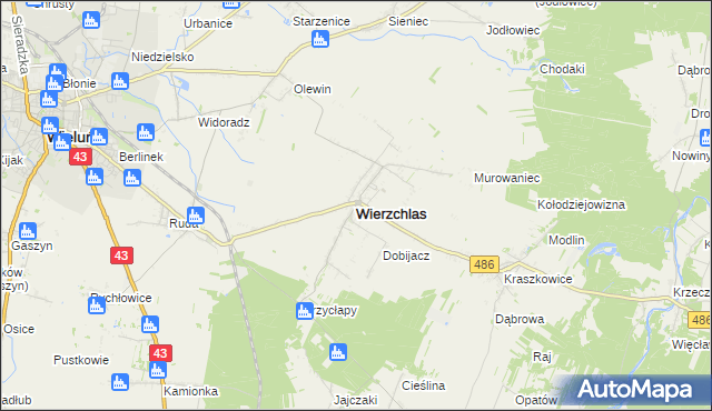 mapa Wierzchlas powiat wieluński, Wierzchlas powiat wieluński na mapie Targeo