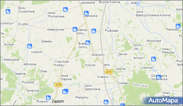 mapa Wierzchy gmina Zadzim, Wierzchy gmina Zadzim na mapie Targeo