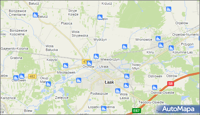 mapa Wiewiórczyn gmina Łask, Wiewiórczyn gmina Łask na mapie Targeo