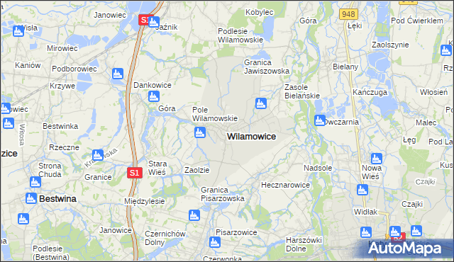 mapa Wilamowice powiat bielski, Wilamowice powiat bielski na mapie Targeo