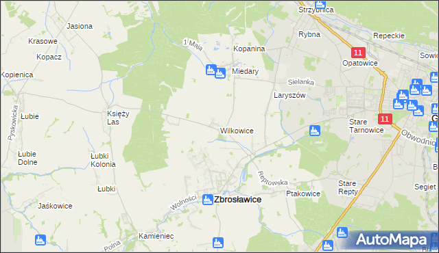 mapa Wilkowice gmina Zbrosławice, Wilkowice gmina Zbrosławice na mapie Targeo
