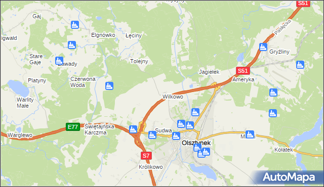 mapa Wilkowo gmina Olsztynek, Wilkowo gmina Olsztynek na mapie Targeo