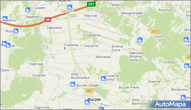 mapa Wilkowyja gmina Buczek, Wilkowyja gmina Buczek na mapie Targeo