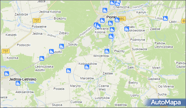 mapa Wincentów gmina Pionki, Wincentów gmina Pionki na mapie Targeo