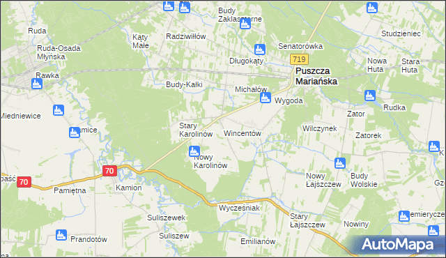 mapa Wincentów gmina Puszcza Mariańska, Wincentów gmina Puszcza Mariańska na mapie Targeo