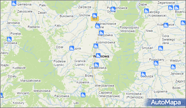 mapa Wiśniowa powiat myślenicki, Wiśniowa powiat myślenicki na mapie Targeo