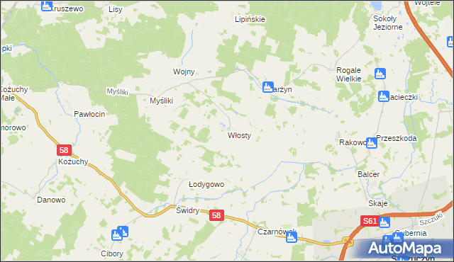 mapa Włosty gmina Biała Piska, Włosty gmina Biała Piska na mapie Targeo