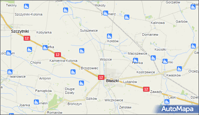 mapa Wójcice gmina Błaszki, Wójcice gmina Błaszki na mapie Targeo