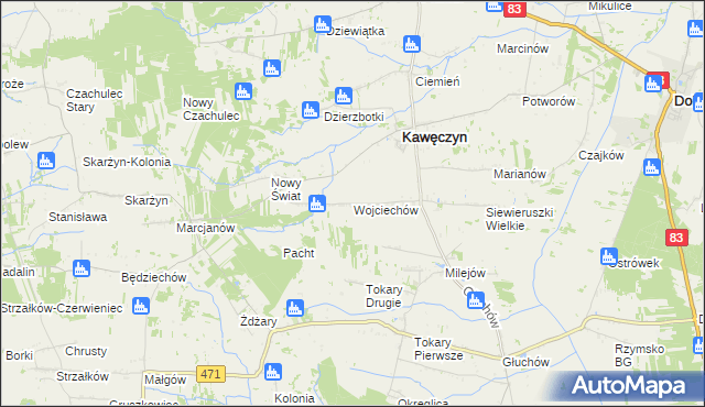 mapa Wojciechów gmina Kawęczyn, Wojciechów gmina Kawęczyn na mapie Targeo