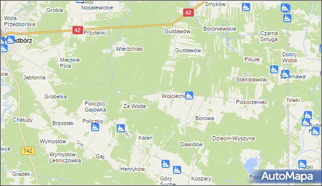 mapa Wojciechów gmina Przedbórz, Wojciechów gmina Przedbórz na mapie Targeo