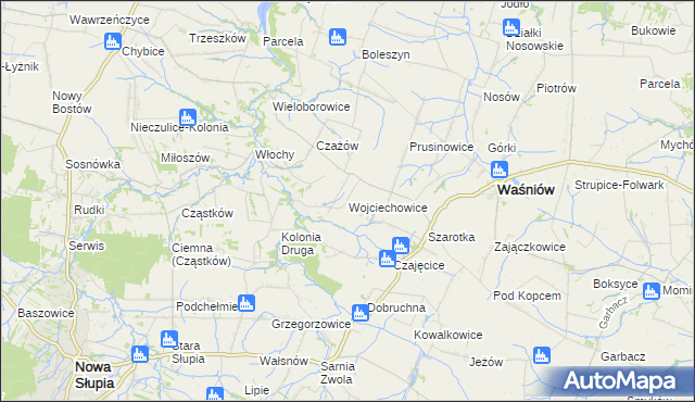 mapa Wojciechowice gmina Waśniów, Wojciechowice gmina Waśniów na mapie Targeo