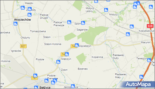 mapa Wojcieszyn gmina Bełżyce, Wojcieszyn gmina Bełżyce na mapie Targeo