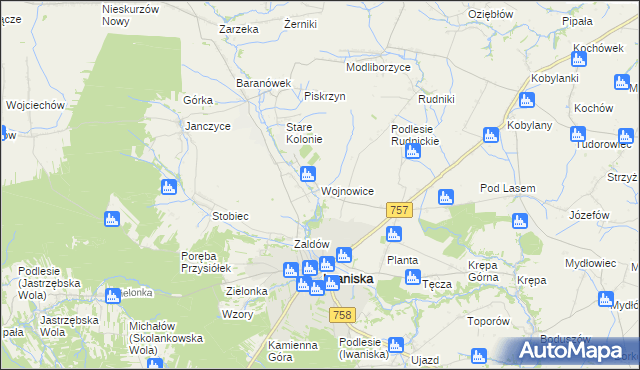 mapa Wojnowice gmina Iwaniska, Wojnowice gmina Iwaniska na mapie Targeo