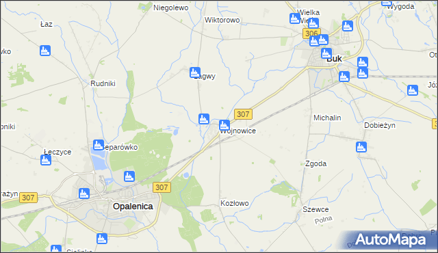 mapa Wojnowice gmina Opalenica, Wojnowice gmina Opalenica na mapie Targeo