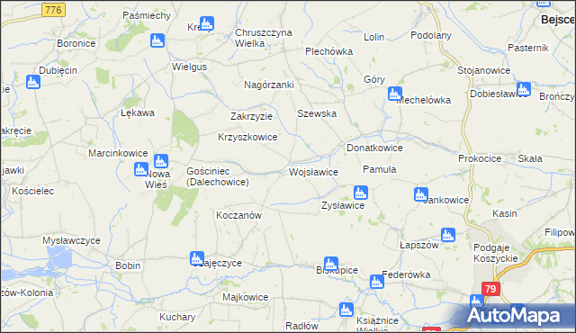 mapa Wojsławice gmina Kazimierza Wielka, Wojsławice gmina Kazimierza Wielka na mapie Targeo