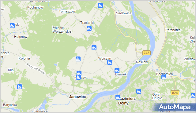 mapa Wojszyn gmina Janowiec, Wojszyn gmina Janowiec na mapie Targeo