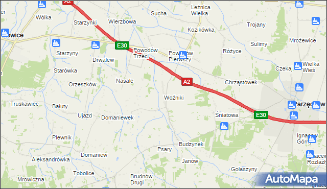 mapa Woźniki gmina Dalików, Woźniki gmina Dalików na mapie Targeo