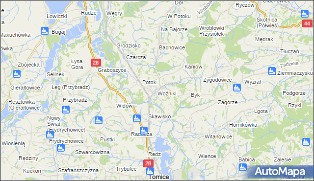 mapa Woźniki gmina Tomice, Woźniki gmina Tomice na mapie Targeo