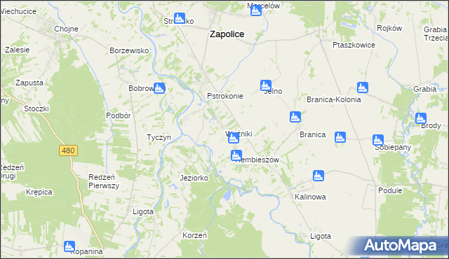 mapa Woźniki gmina Zapolice, Woźniki gmina Zapolice na mapie Targeo