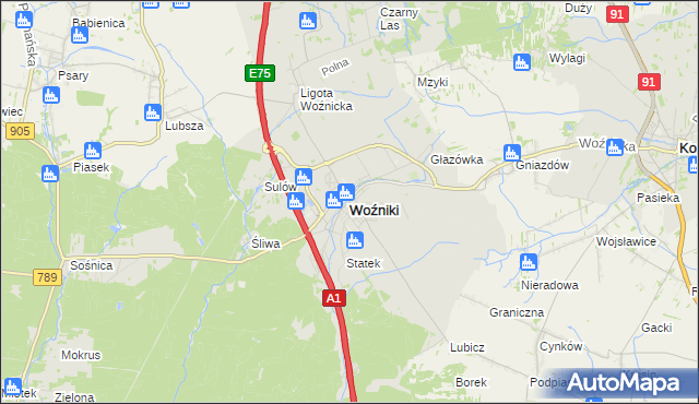 mapa Woźniki powiat lubliniecki, Woźniki powiat lubliniecki na mapie Targeo