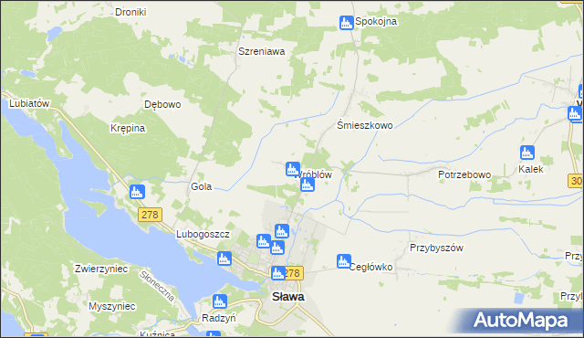 mapa Wróblów gmina Sława, Wróblów gmina Sława na mapie Targeo