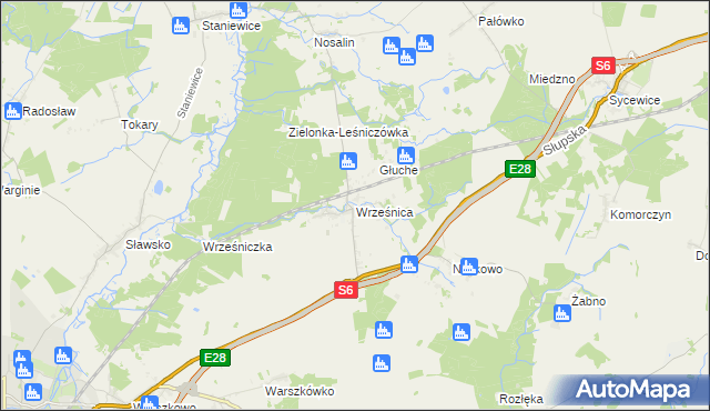 mapa Wrześnica gmina Sławno, Wrześnica gmina Sławno na mapie Targeo