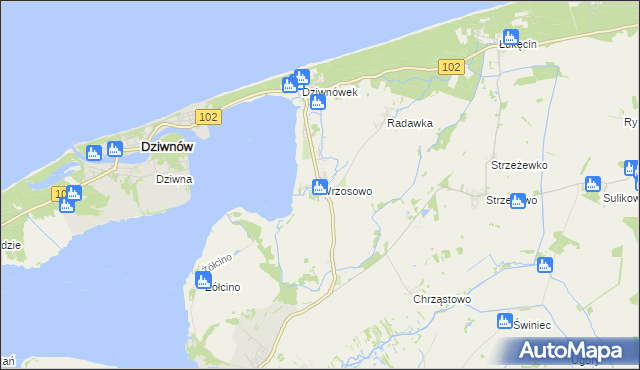 mapa Wrzosowo gmina Kamień Pomorski, Wrzosowo gmina Kamień Pomorski na mapie Targeo