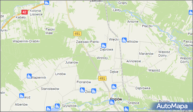mapa Wrzosy gmina Popów, Wrzosy gmina Popów na mapie Targeo
