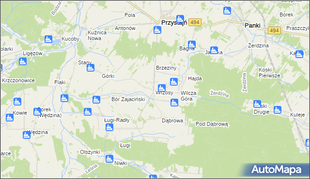 mapa Wrzosy gmina Przystajń, Wrzosy gmina Przystajń na mapie Targeo