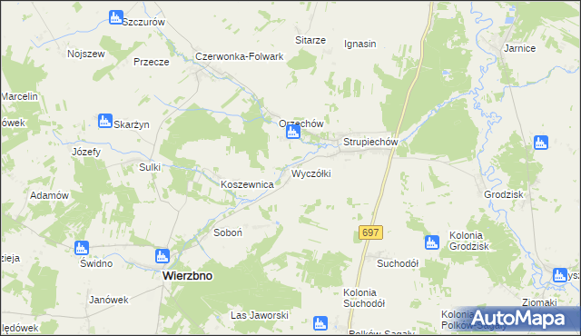 mapa Wyczółki gmina Wierzbno, Wyczółki gmina Wierzbno na mapie Targeo