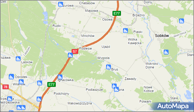 mapa Wygoda gmina Jędrzejów, Wygoda gmina Jędrzejów na mapie Targeo