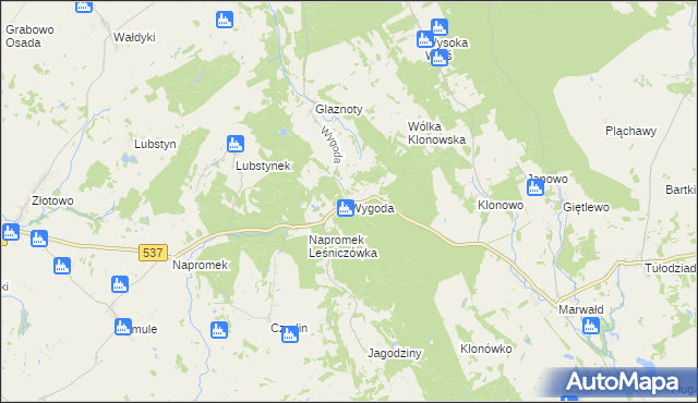 mapa Wygoda gmina Ostróda, Wygoda gmina Ostróda na mapie Targeo