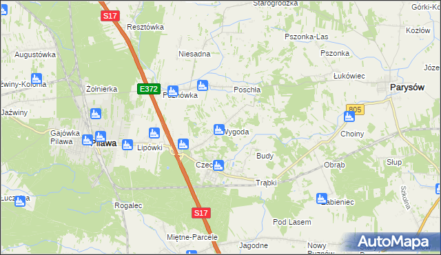 mapa Wygoda gmina Pilawa, Wygoda gmina Pilawa na mapie Targeo