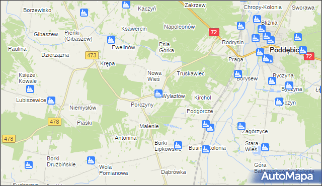 mapa Wylazłów gmina Poddębice, Wylazłów gmina Poddębice na mapie Targeo