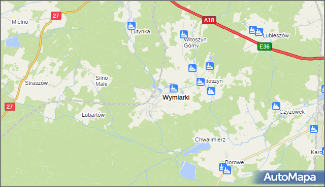 mapa Wymiarki powiat żagański, Wymiarki powiat żagański na mapie Targeo