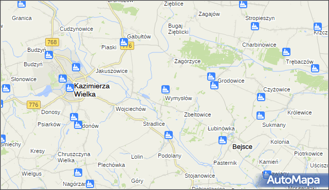 mapa Wymysłów gmina Kazimierza Wielka, Wymysłów gmina Kazimierza Wielka na mapie Targeo