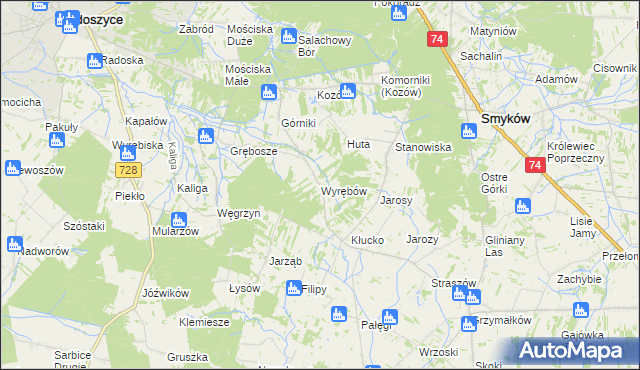 mapa Wyrębów gmina Radoszyce, Wyrębów gmina Radoszyce na mapie Targeo