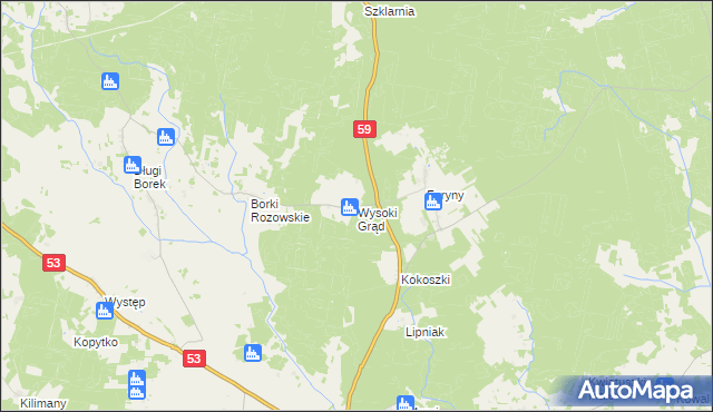 mapa Wysoki Grąd gmina Rozogi, Wysoki Grąd gmina Rozogi na mapie Targeo