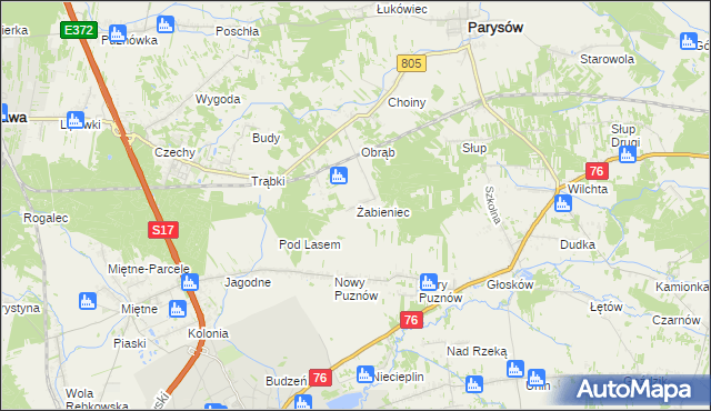 mapa Żabieniec gmina Parysów, Żabieniec gmina Parysów na mapie Targeo