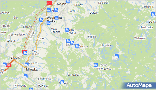 mapa Żabnica gmina Węgierska Górka, Żabnica gmina Węgierska Górka na mapie Targeo