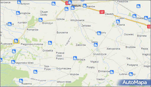 mapa Zaborów gmina Błaszki, Zaborów gmina Błaszki na mapie Targeo