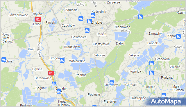 mapa Zaborze gmina Chybie, Zaborze gmina Chybie na mapie Targeo