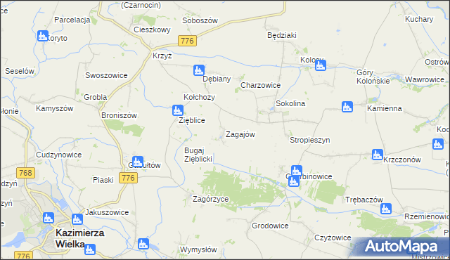 mapa Zagajów gmina Czarnocin, Zagajów gmina Czarnocin na mapie Targeo