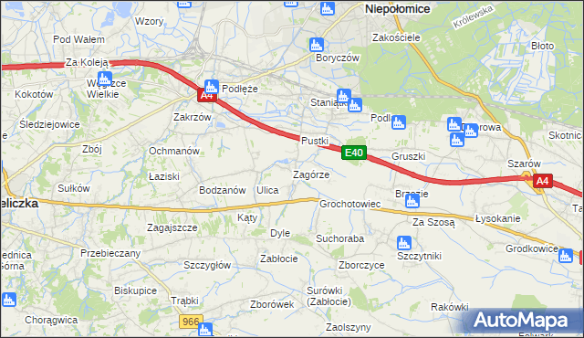 mapa Zagórze gmina Niepołomice, Zagórze gmina Niepołomice na mapie Targeo