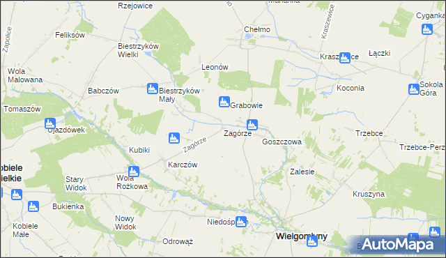 mapa Zagórze gmina Wielgomłyny, Zagórze gmina Wielgomłyny na mapie Targeo