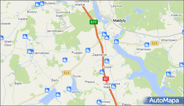 mapa Zajezierze gmina Małdyty, Zajezierze gmina Małdyty na mapie Targeo
