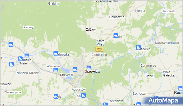 mapa Zakościele gmina Drzewica, Zakościele gmina Drzewica na mapie Targeo